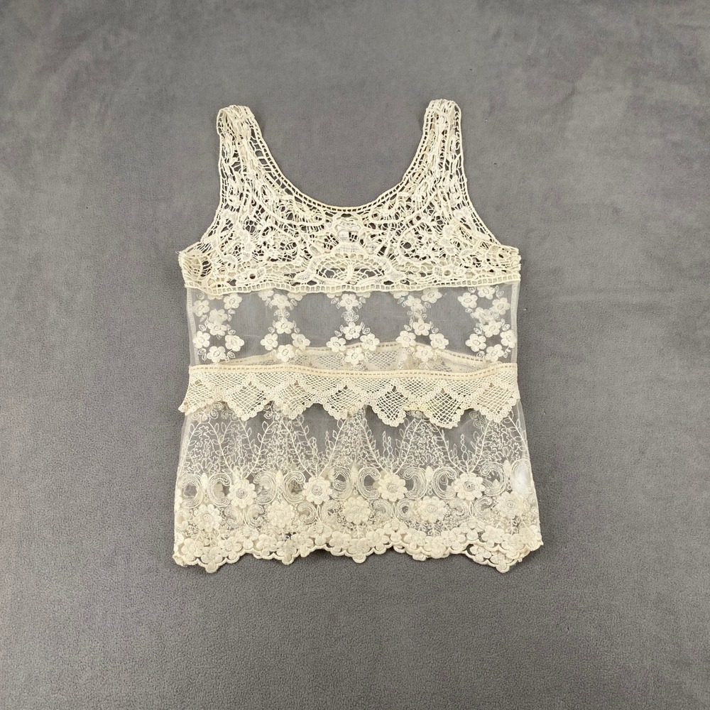 Kenar Womens Ivory Lace Crochet Floral Sleeveless Tank Top Sheer Boho Cream L